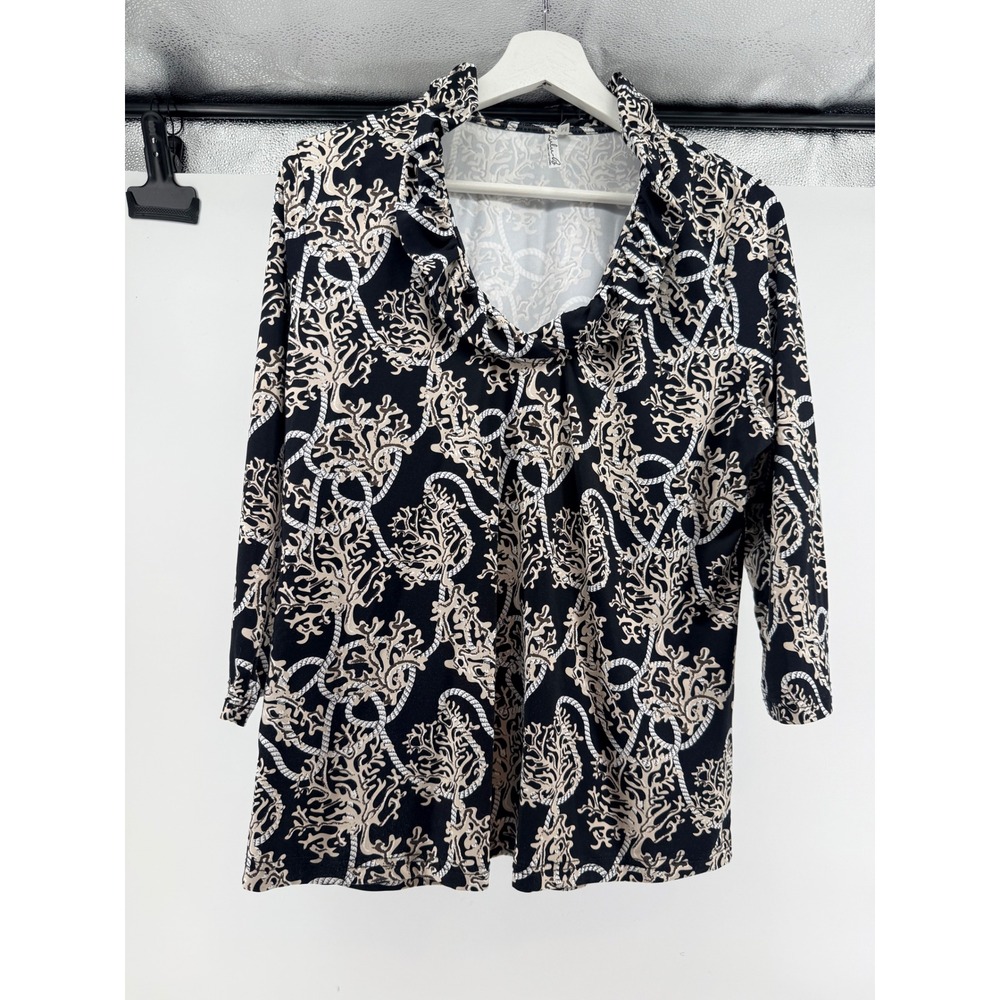 Lulu-B Womens Ruffle Cowl Neck Top Nautical Coral Rope Print Black Tan Medium